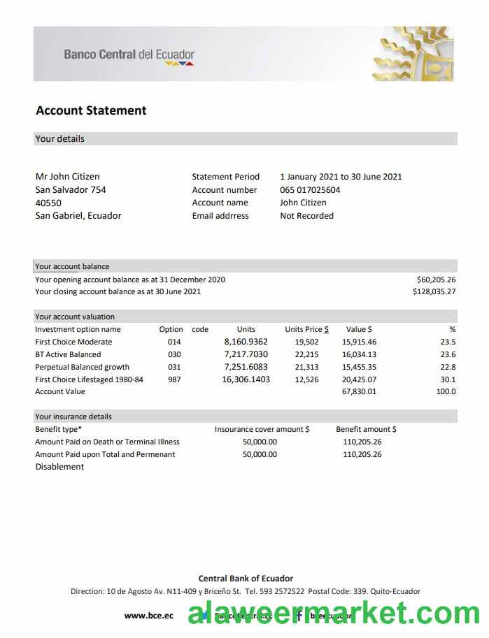 Ecuador Central Bank of Ecuador bank statement easy to fill template in Excel and PDF format